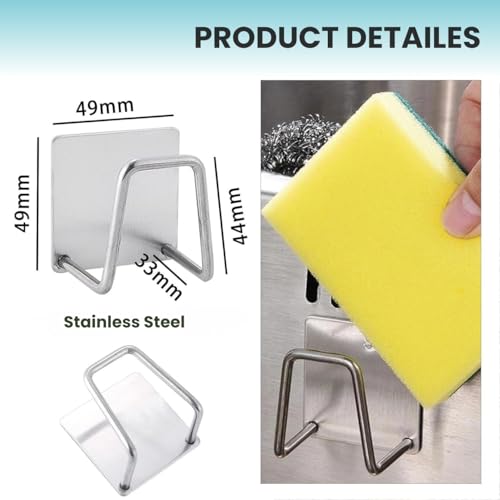 Image of Stainless Steel Adhesive Sponge Holder for Kitchen Sink, Hanging Hooks Without Drilling, Waterproof Caddy Organizer, Rustproof Sponge Rack for Scrubber & Brush, Kitchen Accessories (Pack of 1)