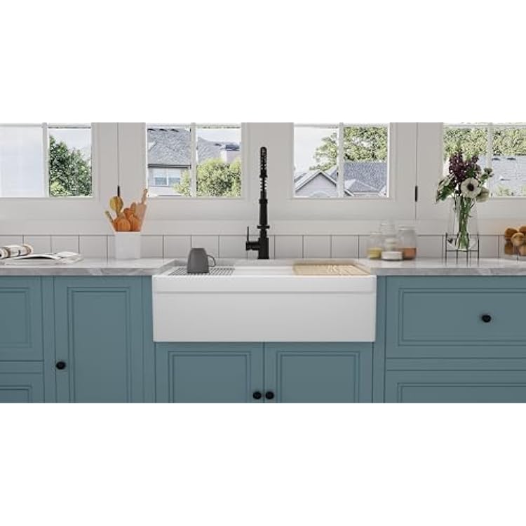 Stallion Creek 33 inch Double Bowl Workstation Fireclay Kitchen Sink with Reversible Fluted Apron Front in White