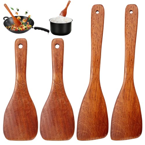 TESSTSY 4 Piezas Utensilios de Cocina Madera, Espátulas de Madera para Cocinar, Espátula Madera Cocina Plana para Cocina con Mango Largo para Sartén, Utensilios de Cocina (33 cm, 23 cm)
