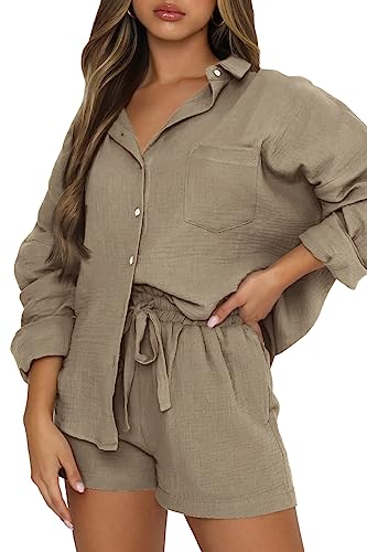 Image of Trendy Queen Two Piece Sets For Women Summer Short Sets | Matching Two Piece Pajama, Lounge Wear, Linen Set, Button-down Top with Matching Shorts, Perfect for Beach, Resort Wear