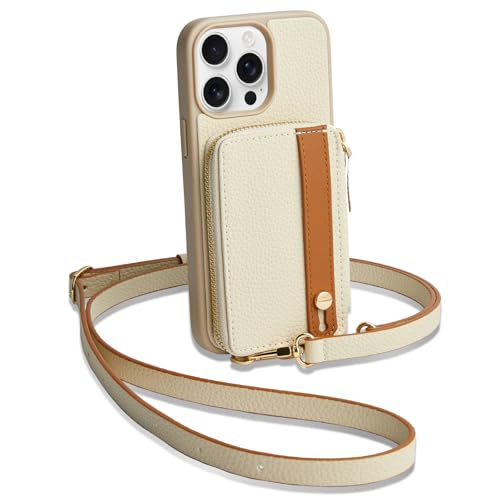 LAMEEKU for iPhone 15 Pro Wallet Case with Credit Card Holder Zipper Leather Crossbody Case with Phone Grip Holder Stand Wrist Strap Lanyard for Women for Apple iPhone 15 Pro 6.1 inch Beige