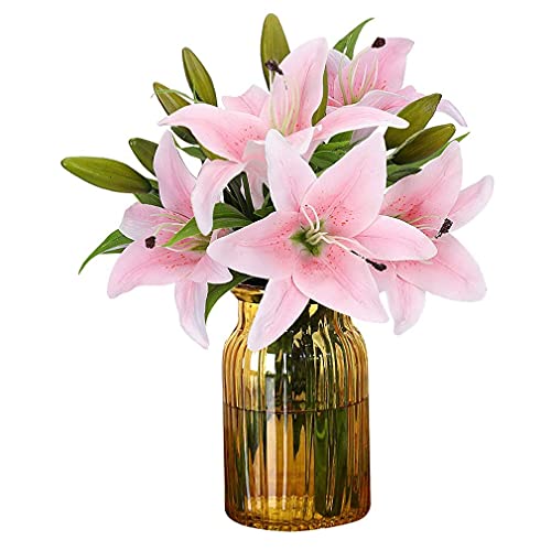 HAOSHICS 6 fiori di giglio artificiali, bouquet di giglio finti, in lattice, veri al tatto, per casa, ufficio, matrimoni, feste, vasi, centrotavola, decorazione (rosa chiaro)