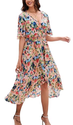 Image of Kormei Women Short Sleeve V Neck Floral High Low Flowy Summer Party Long Maxi Dress