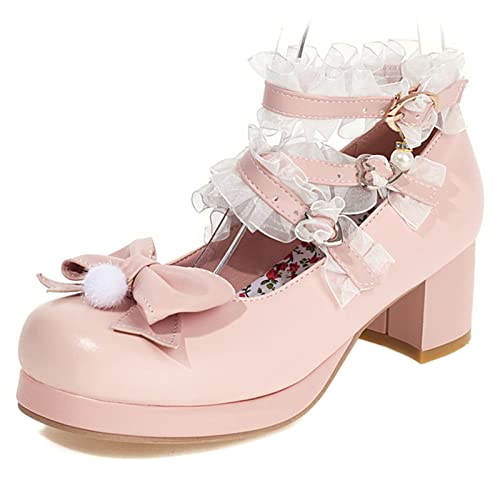 Mary Janes bout rond boucle pour femme rose à plateforme et talon carré style Lolita taille 40