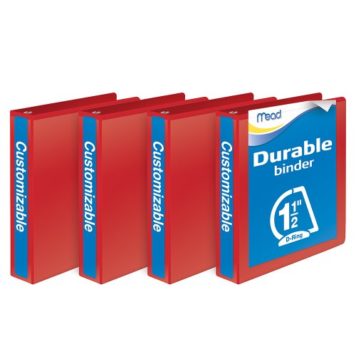 Mead 1-1/2 Inch Binders, D Ring Binder, Durable, Customizable, Red, 4 Pack (W465-34-1797PP)