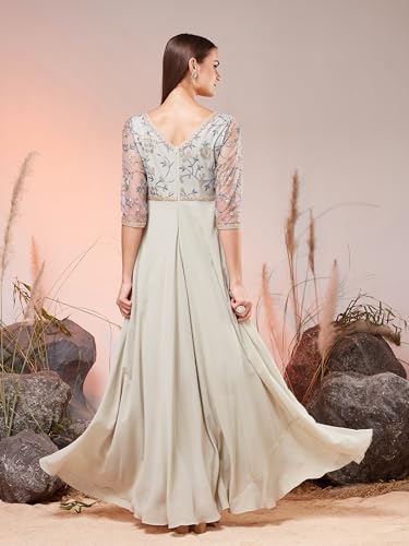 Image of Miss Chase Women's Round Neck Sleeve Embellished Fit Flare Maxi Dress