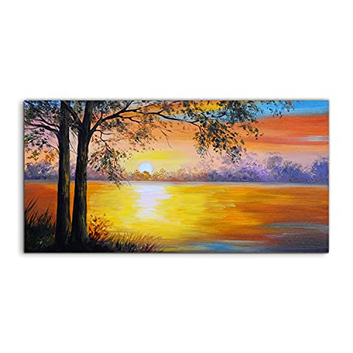 Tableau sur verre 120x60 cm pour salon et chambre paysage arbre lac