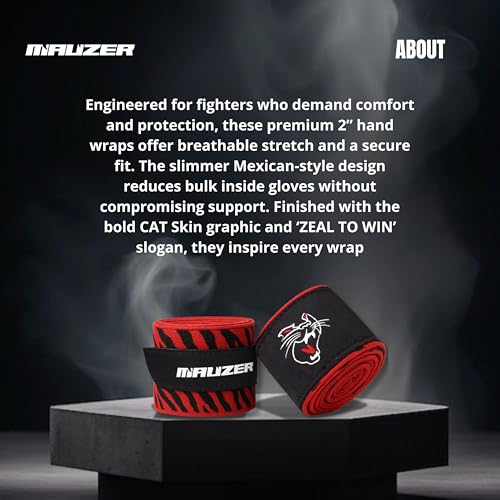 Image of Mexican-Style Boxing Hand Wraps - Breathable Stretch Cotton /Poly, 2 inch Wide with Hook & Loop, CAT Skin Graphic & Zeal to Win Slogan 3.5 Meter