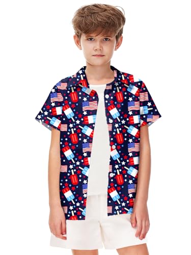 Image of Remimi Unisex Kids 4th of July Button Up Shirt Boys American Flag Print Hawaiian Beach Short Sleeve Tops 5-14 Years