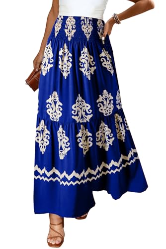 Happy Sailed Womens Retro Print Boho Maxi Skirt Elastic High Waist A-Line Pleated Flowy Long Skirts Beach Vacation Outfits
