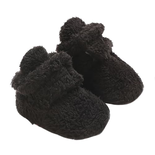 Newborn Baby Fleece Booties Girl Boy Cozy Non-Slip Soft Warm Slippers Sock Shoes Infant First Walking Shoes Home Shoes (Black, 6-9 Months)
