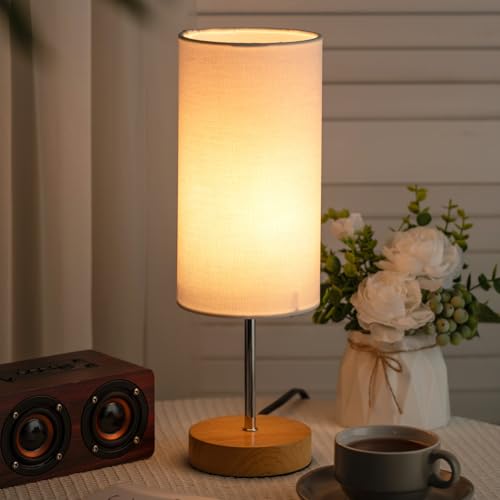 Lámpara de mesa pequeña con pantalla blanca y base de madera miniatura 7