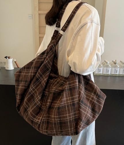 Large Canvas Tote Bag Plaid Shoulder Purse Work Travel Handbags and Purses Casual Underarm Hobo Bag Retro Handbag for Women3
