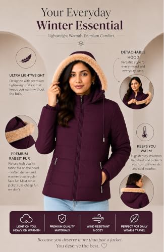 Image of SANE ORIGINALS Winter Jacket for Women with Detatchable Hoodie Cap || Lightweight Full Zipper Regular Fit Warm Jacket for Ladies
