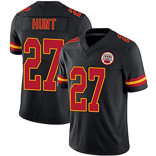 Camiseta de fútbol Americano de Hombre Chiefs Hunt 27#, Camiseta de Rugby de poliéster de Secado rápido, Uniforme de Entrenamiento de Media Manga para fanáticos-Black-XXL