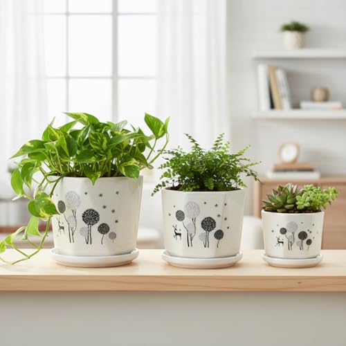 Image of Xtore Charming Ceramic Planter Pots Set of 3 with Drainage Tray | Minimalist Printed Flower & Deer Plant Holders for Home, Balcony & Office Decor (White - Planters Only)