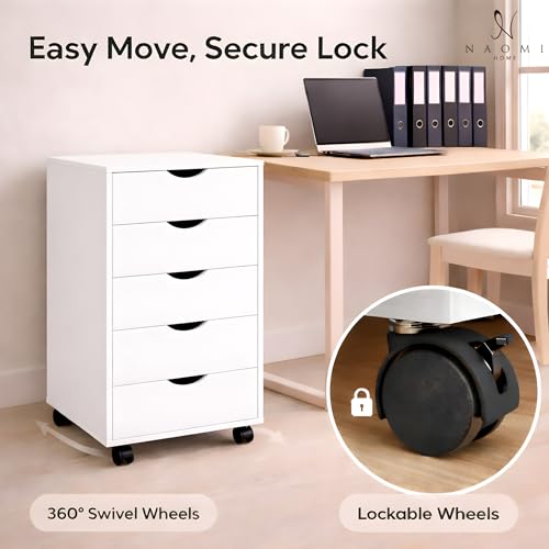 Image of Naomi Home Under Desk Office File Cabinet with 5 Drawers, Rolling Storage Organizer with Lockable Wheels, Handle-Free Design & Spacious Top Surface, Compatible Cabinet for Home Office - White