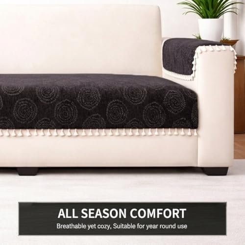 Image of STITCHNEST Woven Fabric Sofa Cover 3 Seater with 2 Hand Rest Covers - Washable Black Sofa Cover with Tassels - Durable Premium Fabric - Stylish Sofa Protector for Living Room & Furniture Decor