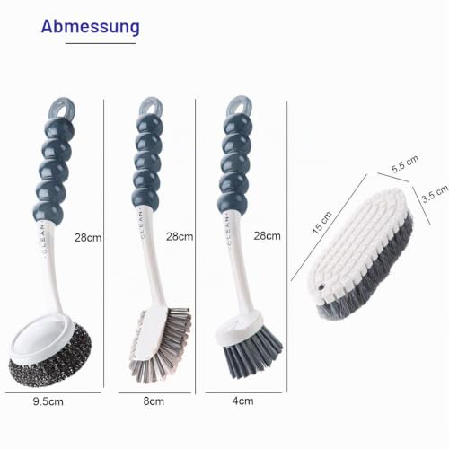 Foto von OITUGG Küchenbürste 4 Stück, Inklusive bestehend aus breiter Spülbürsten, Lückenbürste, Stahlwolle-Scheuerer und biegbare Reinigungsbürste, 25cm Langer Griff, für Geschirr, Töpfe, Pfannen und Spüle