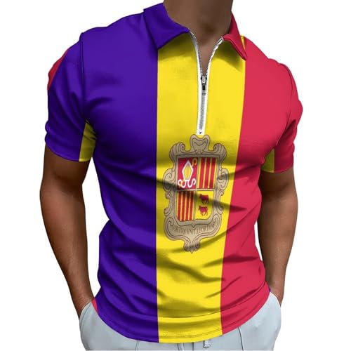 Polo homme bleu et jaune avec drapeau andorran et col zippé décontracté