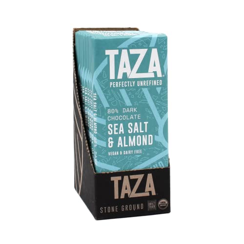 Taza Chocolate Organic Amaze Bar Sea Salt Almond 80% Dark, 10 Count | Dairy Free, Vegan Dark Chocolate Bar, Gluten Free, Soy Free, Low Sugar Unrefined Cacao, Direct Trade, 2.5 Ounce Bar - image 1
