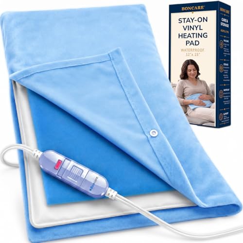 Boncare Stay-On Small Vinyl Electric Heating Pad for Neck and Shoulders and Back Without Auto-Off Low & High Heat Levels Waterproof Hot Heat Pad with Washable Cover (12x15 1-Pack)