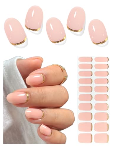 AutyaMee Semi Cured Gel Nail Strips (Gold End), Gold Foil Line Design, Nude, 20 Pcs Gel Nail Wraps, Stickers, UV Light Required, Salon Quality, Long Lasting