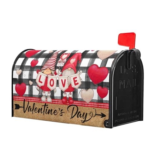Image of Happy Valentine's Day Mailbox Cover Magnetic Standard Size 18 inch X 21 inch Love Heart Black White Plaid Decorative Mailbox Covers Ventine's Gnomes Decor Mailbox Post Letter Box Cover for Outdoor Decor