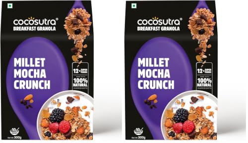 Image of Cocosutra Millet Mocha Crunch Breakfast Granola - 300 g | High Protein Cereal with Oats, Nuts, Seeds and Dry Fruits | Lightly sweetened with Jaggery (Pack of 2)