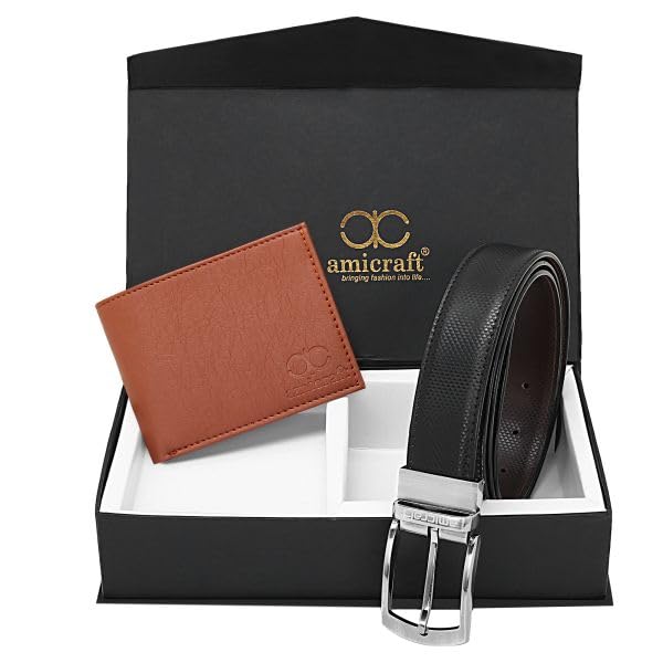 Image of Amicraft Faux Leather Men's Wallet & Belt Combo Set Black Brown Reversible Gift set