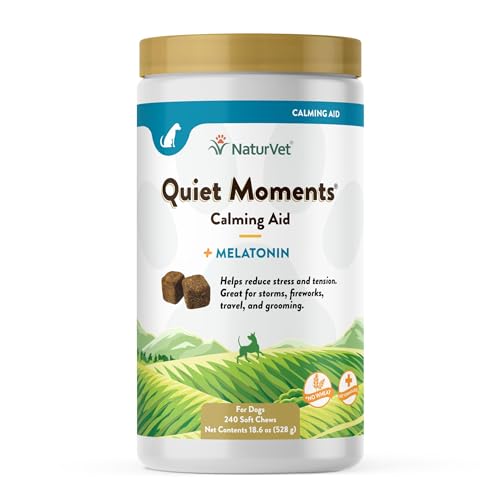 NaturVet Quiet Moments Calming Aid Melatonin Dog Supplement – Helps Reduce Stress in Dogs – for Pet Storm Anxiety, Fireworks, Motion Sickness, Grooming, Separation, Travel – 240 Ct. Chews