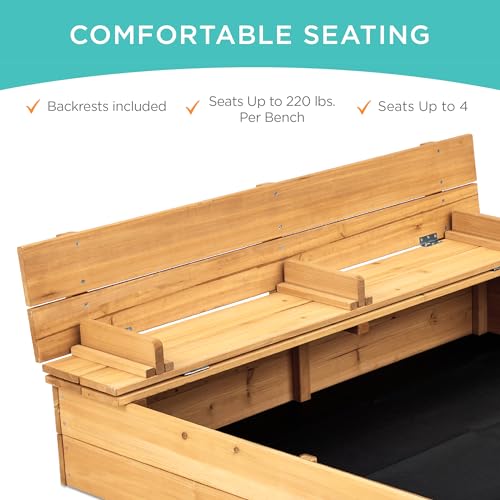 Image of Best Choice Products Large Outdoor Wooden Sand Box for Kids, Sandbox with Cover, Bench Seats Support up to 220 lbs, Bottom Liner for Drainage, Cedar Wood - Natural