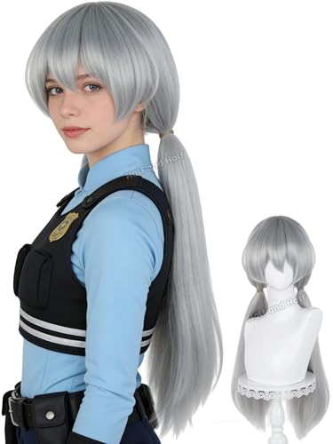 Image of Half and Half Silver Gray Ponytail Anime Cosplay Wig with Bangs 29.5'' Long Dark Gray Pigtail Twin Tail Wigs for Women Party Costumes Halloween