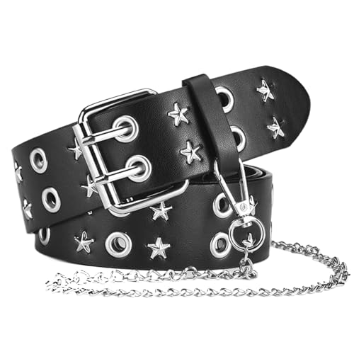 Punk Star Belts Hip Hop Black Belt Double Prong Buckle Belt with Detachable Chain for Women