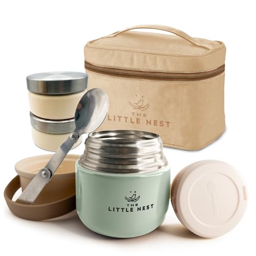 THE LITTLE NEST  Set Termo Comida Bebé 300ml de Acero Inoxidable, 2 Contenedores y Estuche Térmico, Cierre Hermético, Aislamiento de Doble Pared, Mantiene Caliente y Frío, Sin BPA (Color Matcha Green)