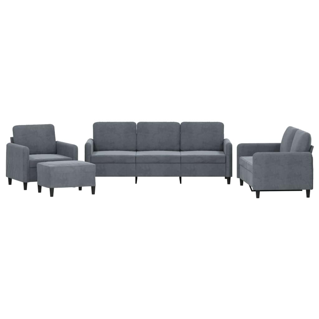 Juego de 4 sofás de terciopelo gris oscuro, 198 cm, moderno juego de sofá con sillón de 2 plazas, 3 plazas y taburete, estructura de metal resistente para salón, oficina y estudio