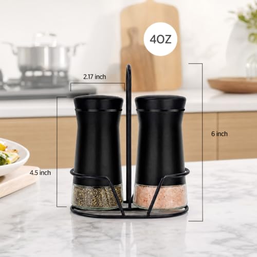 Image of Aelga Farmhouse Salt & Pepper Shakers with Holder & Adjustable Pour Holes, Refillable Salt Shaker for Himalayan, Kosher - Black