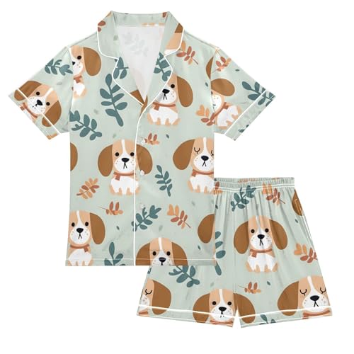 ALAZA Cartoon Puppy Dog Leaves Pajamas Satin Pajama Set Short Sleeve Button Down Sleepwear
