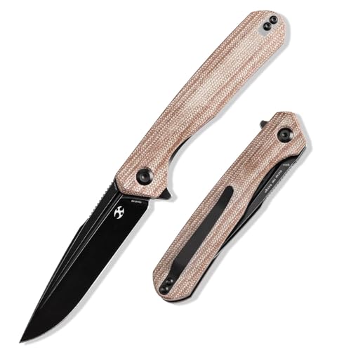 KANSEPT Qilin Pocket Knife, 3.24'' Blackwash 154CM Sharp Blade, Brown Micarta Handle for Edc, Flipper and Liner Lock with Double-Sided Clip, Men Camping Survival Folding Knives T1047A3