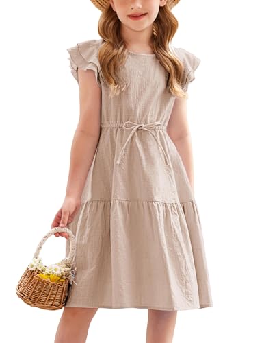 Arshiner Toddler Cotton Linen Dress Summer Casual Party Double-Ruffle Sleeves Dresses 2-6Y