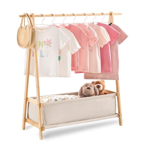 Sino Salected Kids Clothing Rack with Storage Box, Kids Dress Up Rack, Dance Costume Garment Rack for Hanging Clothes,Garment Rack for Hanging Clothes Organizer, Bamboo (Natural) by Sino Salected - Used condition - US$51.39