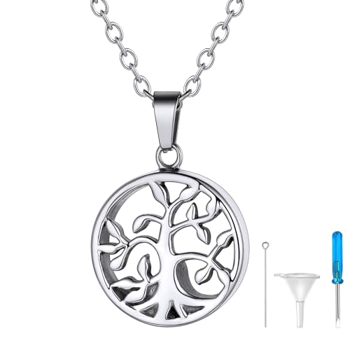 Richsteel Colgante Porta Cenizas Arbol de la Vida, Relicario Guarda Cenizas Mama Perro Cremacion Conmemorativo Resistente al Agua (Acero Inoxidable Color Platino)