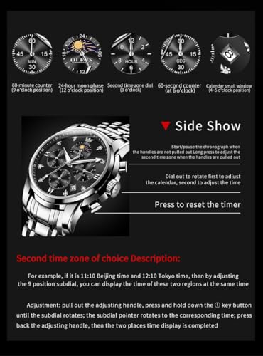 Image of OLEVS Chronograph Watches for Men Original Analog Quartz Silver Stainless Steel Chain Luxury Dual Time Zone Moon Phase Date Waterproof Men's Wrist Watch