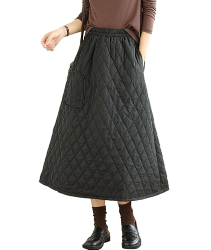 SOMTHRON Women's High Waist Quilted Skirt Padded A-Line Windproof Winter Warm Insulated Thicken Midi Long Skirt