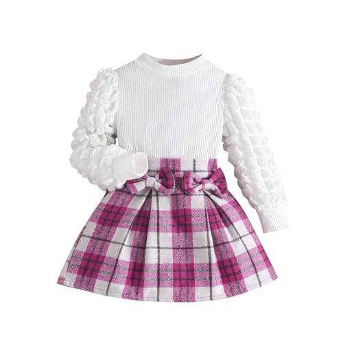 Image of Noubeau Toddler Girls Plaid Outfits Girls Puff Sleeve Knit Ribbed Shirt Tops Plaid Skirt Set Kids Fall Winter Clothes
