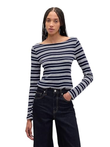 GAP Womens Long Sleeve Boatneck Knit Top Navy White Stripe S