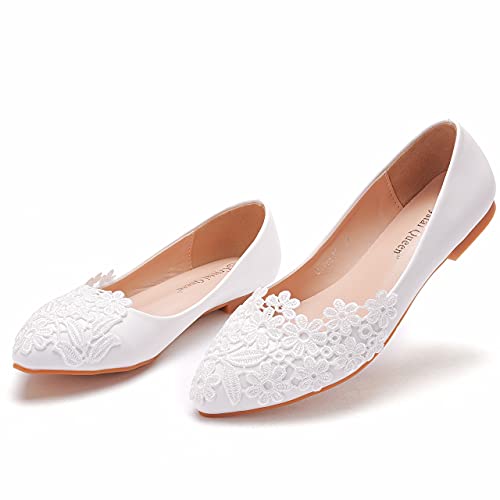 Crystal Queen Women Flats Ballets Shoes White Lace Wedding Flats Pointed Toe Plus Size Shoes Wedding Party Dress Shoes3