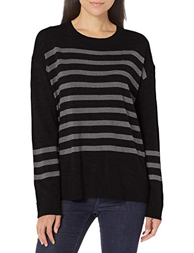 Pendleton Women's Striped Merino Crew Neck Sweater, Black/Grey, XL
