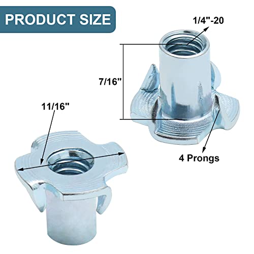 PHITUODA 50 Pack 1/4"-20 T-Nuts, Four Pronged Tee Nut for Wood, Rock, Climbing Holds, Cabinetry (1/4"-20 x 9/16")