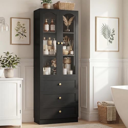 Image of Cyclysio 80 inch Tall Pantry Cabinet for Kitchen Storage, 2 Set Black Pantry Cabinet with Glass Doors & 3 Drawers - Freestanding Storage Bookcase with Built-in Baseboard Notch for Dining, Living Room
